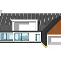 Modern Detached House Exterior With Sloped Roof Large Glass Windows And Geometric Design