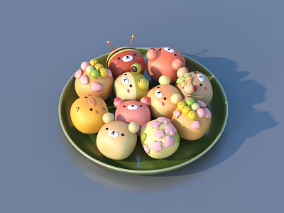 Colorful Cartoon Face Pastries on Green Plate With Various Colors Small Antennae and Fruit Toppings 3d model