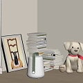 Decorative Ornament Set with Stuffed Dog Stack of Books Picture Frame and Table Lamp