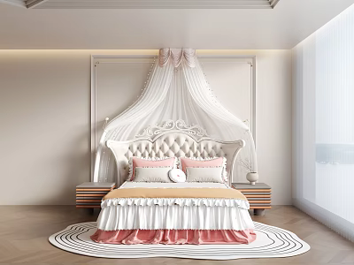 Elegant Double Bed Interior With Carved Headboard White Canopy Pink Pillows And Ruffled Bed Skirt 3d model