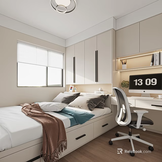 Modern Tatami Bedroom With Bed Storage Drawers Desk And Computer Blinds 3d model 