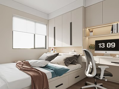 Modern Tatami Bedroom With Bed Storage Drawers Desk And Computer Blinds 3d model