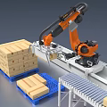 Automated Industrial Robotic Arm Handling Wooden Boxes On Conveyor Belt System