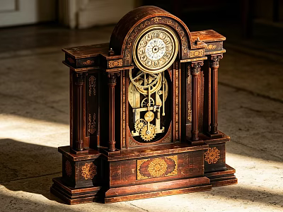 Antique Wooden Mantel Clock with Ornate Carvings Round Dial and Visible Mechanical Gears 3d model