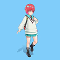 Girl With Red Hair Wearing White Sweater Green Skirt Tie And Backpack