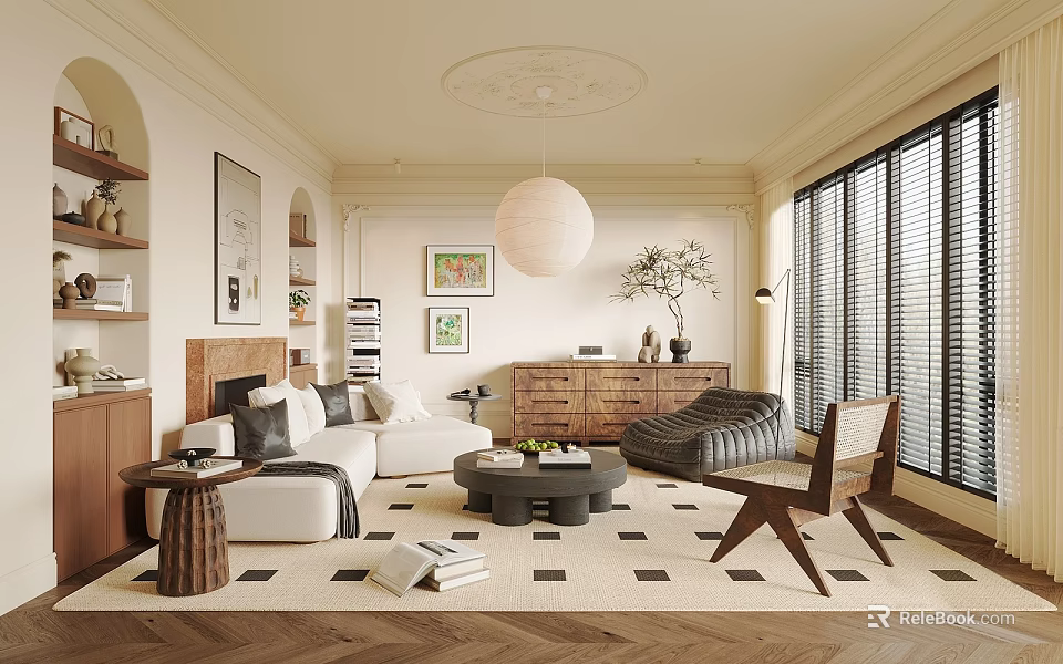 Elegant Living Room With White Sofa Coffee Table Area Rug Wall Art Pendant Light And Potted Plant 3d model 