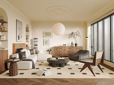 Elegant Living Room With White Sofa Coffee Table Area Rug Wall Art Pendant Light And Potted Plant 3d model