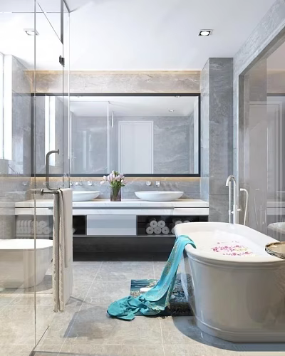 Modern Bathroom Interior Design With Double Vanity Large Mirror And Freestanding Bathtub 3d model