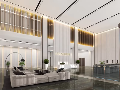 Luxurious Modern Hotel Lobby Interior Design With Beige Sofas Green Plants And Decorative Lighting 3d model