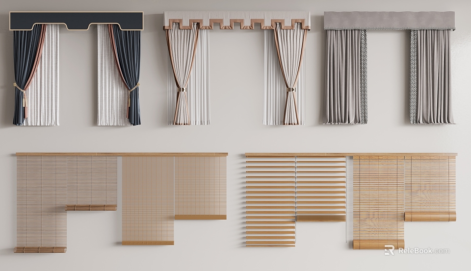 Various Style Curtains and Wooden Bamboo Blinds for Home Window Decoration 3d model 
