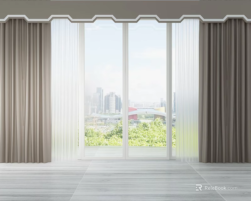 Thick Gray Curtains With White Sheer For Window With City View Greenery Light Wooden Floor 3d model 