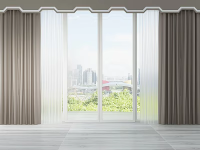 Thick Gray Curtains With White Sheer For Window With City View Greenery Light Wooden Floor 3d model
