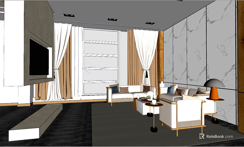Elegant Modern Hotel Room Interior With Sofa Coffee Table Large Window And Curtains 3d model 
