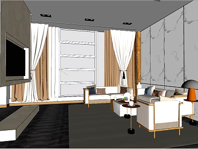 Elegant Modern Hotel Room Interior With Sofa Coffee Table Large Window And Curtains 3d model