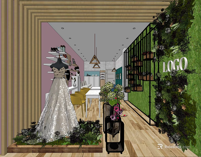 Elegant Beauty Salon Interior With Pink Walls Green Plants Wooden Decor And Flower Bouquets 3d model 