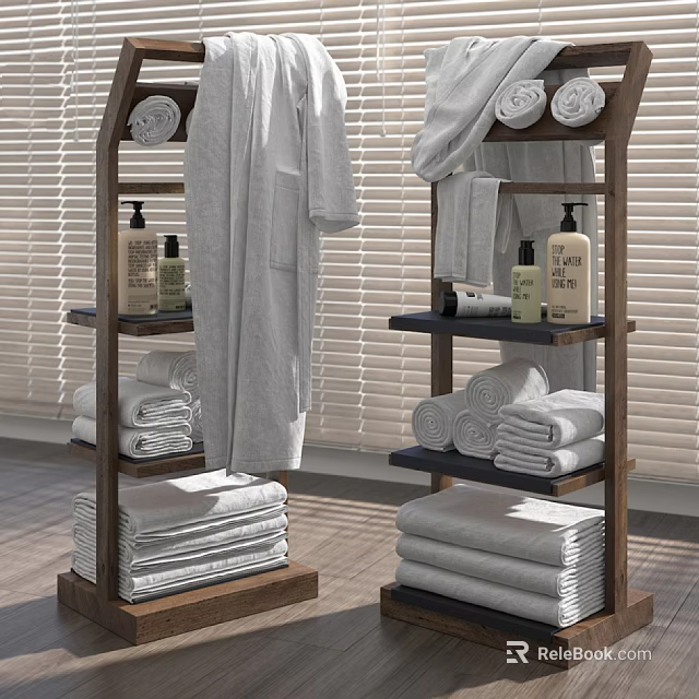 Wooden Bathroom Shelving Units with Bathrobe Folded Towels and Bath Products 3d model 
