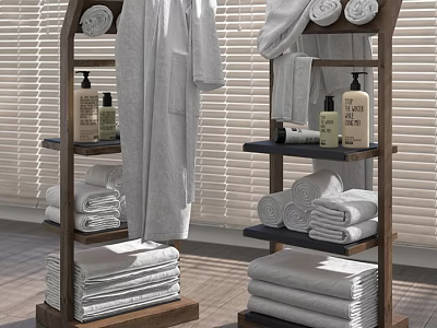 Wooden Bathroom Shelving Units with Bathrobe Folded Towels and Bath Products 3d model
