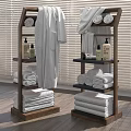 Wooden Bathroom Shelving Units with Bathrobe Folded Towels and Bath Products