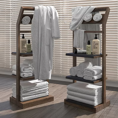 Wooden Bathroom Shelving Units with Bathrobe Folded Towels and Bath Products 3d model