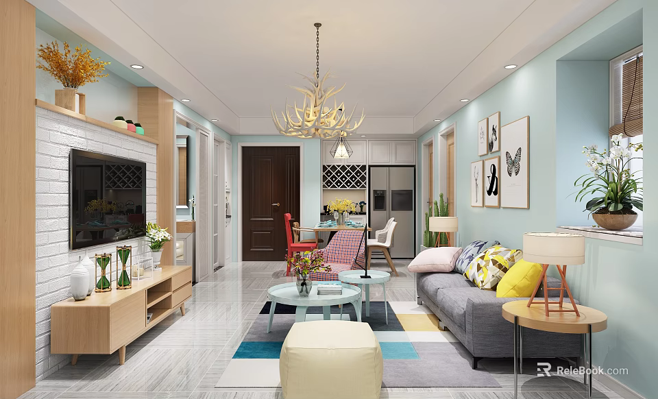 Modern Living Dining Room Interior With Grey Sofa Colorful Rug Chandelier And Decorative Paintings 3d model 