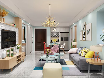 Modern Living Dining Room Interior With Grey Sofa Colorful Rug Chandelier And Decorative Paintings 3d model