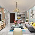 Modern Living Dining Room Interior With Grey Sofa Colorful Rug Chandelier And Decorative Paintings