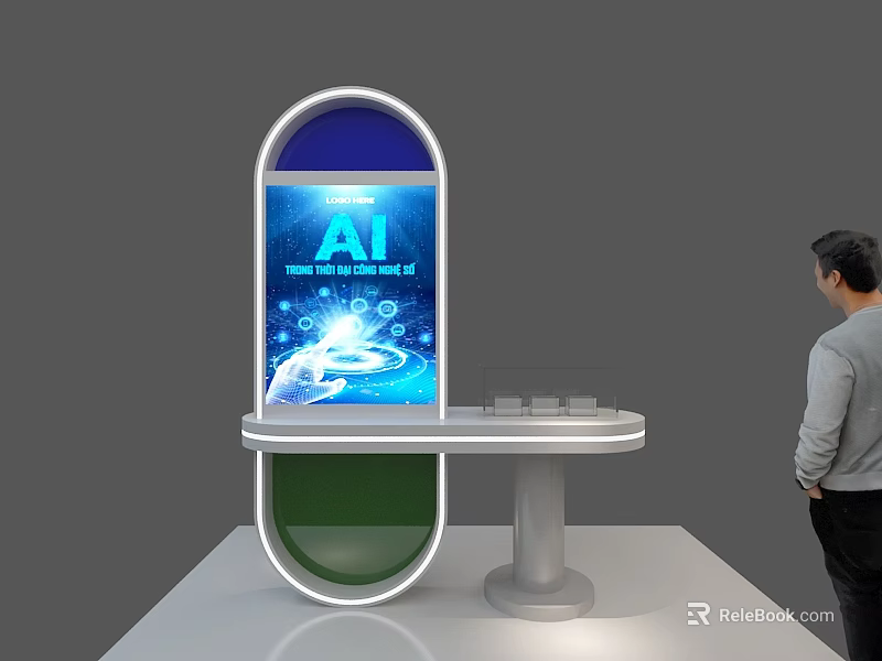 Modern AI Smart City Digital Life Display Island With Curved Screen And Person Viewing 3d model 