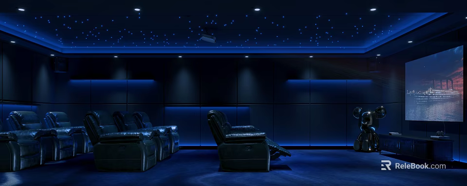 Home Theater Room With Dark Blue Ceiling Star Decorations Black Leather Recliners And Blue Lighting 3d model 