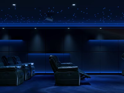 Home Theater Room With Dark Blue Ceiling Star Decorations Black Leather Recliners And Blue Lighting 3d model