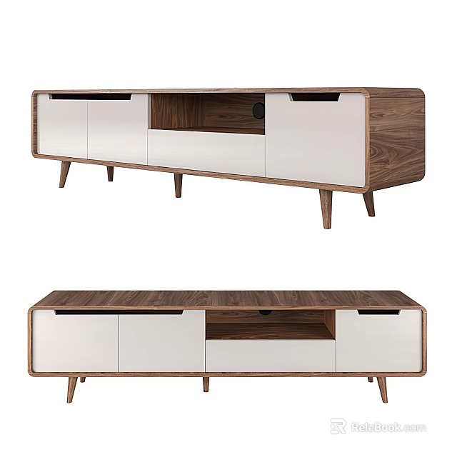 Modern Walnut TV Stand With White Cabinets And Slim Legs Design 3d model