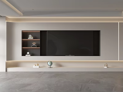 Modern TV Wall Design With Floating Shelves And Decorative Items In Living Room 3d model