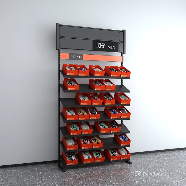 Men's Shoe Display Shelf with Orange Boxes Arranged on Multiple Layers 3d model 