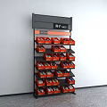 Men's Shoe Display Shelf with Orange Boxes Arranged on Multiple Layers