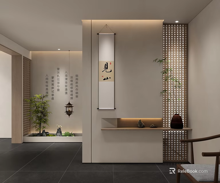 Chinese Style Entrance Hallway With Calligraphy Scroll Perforated Screen Lantern And Wooden Shelf Green Plants 3d model 