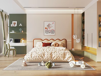 Bright Kids Room Interior With Patterned Bed Toys Decorative Art And Bookshelves 3d model
