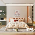 Bright Kids Room Interior With Patterned Bed Toys Decorative Art And Bookshelves