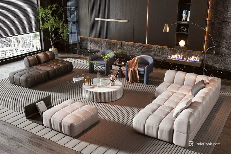 Modern Living Room Interior With Comfortable Sofa And Round Marble Coffee Table Set 3d model