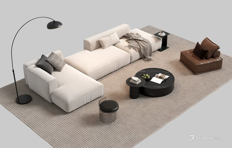 Modern White Sectional Sofa and Round Coffee Table with Pillows Throw Blanket and Brown Armchair 3d model 