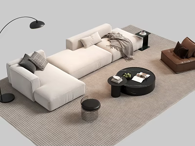Modern White Sectional Sofa and Round Coffee Table with Pillows Throw Blanket and Brown Armchair 3d model
