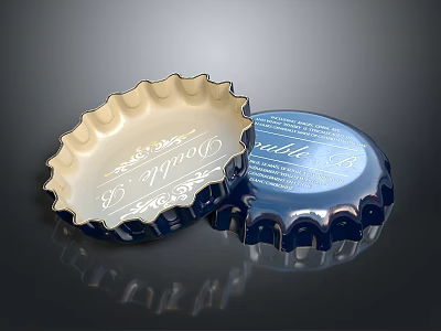 Metallic Living Supplies Bottle Caps in Golden and Blue with Reflective Textured Surface 3d model