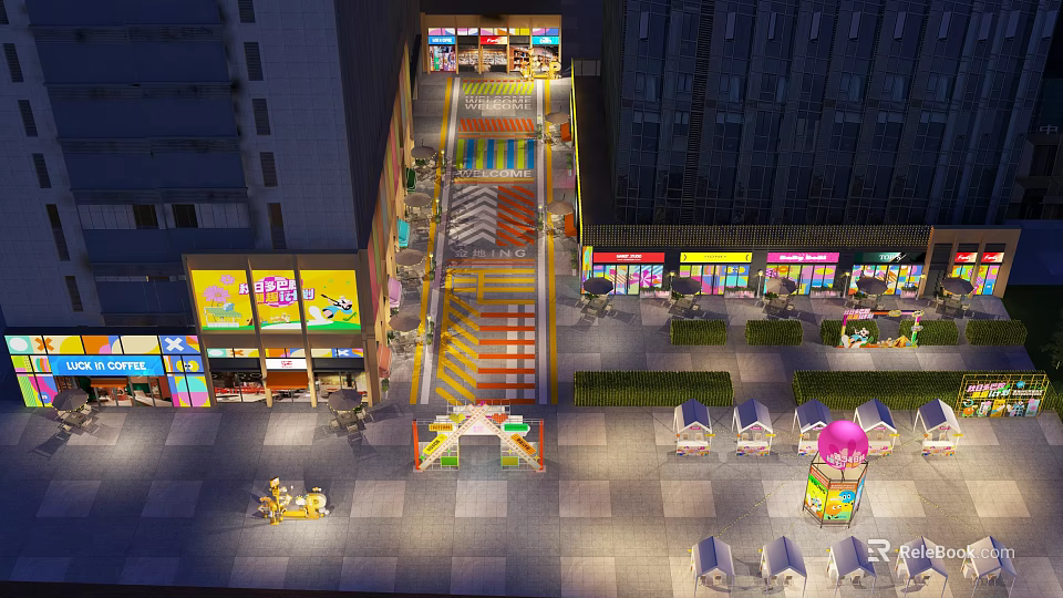 Vibrant Illuminated Commercial Street With Shops Pedestrians Colorful Pavement And Decorative Plaza 3d model 