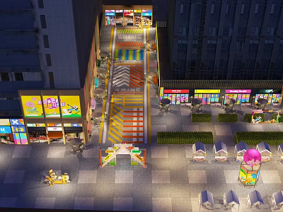 Vibrant Illuminated Commercial Street With Shops Pedestrians Colorful Pavement And Decorative Plaza 3d model