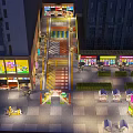 Vibrant Illuminated Commercial Street With Shops Pedestrians Colorful Pavement And Decorative Plaza
