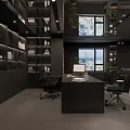 Modern Black Office Interior With Large Windows Marble Coffee Table And Plants