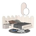 Kids Bed With White Cloud Shaped Headboard Pillows Checkered Quilt Nightstand Plush Toys On Rug