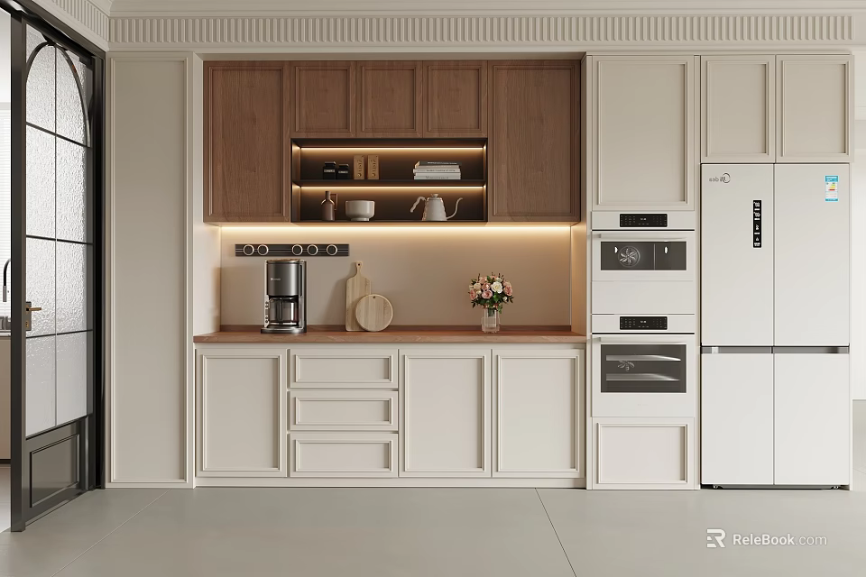 Modern Wooden White Sideboard With LED Lighting Coffee Machine Vase And Storage Drawers 3d model 