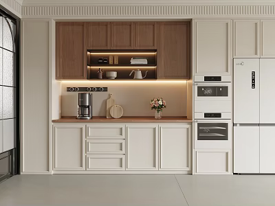 Modern Wooden White Sideboard With LED Lighting Coffee Machine Vase And Storage Drawers 3d model