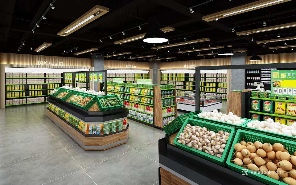 Supermarket Interior With Well Organized Fresh Vegetables Fruits And Grocery Shelves 3d model 