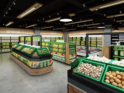 Supermarket Interior With Well Organized Fresh Vegetables Fruits And Grocery Shelves 3d model