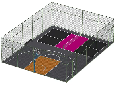 Fenced Multi Sport Court With Basketball Area And Pink Section Design 3d model